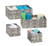 Relaxdays Cestino Portaoggetti in Plastica, Set da 4, Intrecciato, Cesta per Bagno, Rettangolare, 3 Misure, Grigio, 1 pz