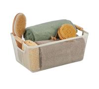Relaxdays Cestino Portaoggetti in Metallo con Manici in Legno, Rettangolare, Cesto Metallico 16,5 x 37 x 22,5 cm, Bianco