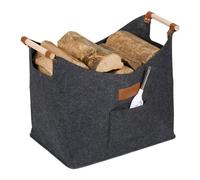 Relaxdays Cesto Portalegna in Feltro da 50L, con Maniglie in Legno, HLP: 40x51x32 cm, Cestino Porta Legna Camino, Grigio