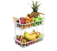 Relaxdays Cesto per frutta a 2 livelli, portafrutta da cucina, supporto in metallo per frutta e verdura, manici in legno, bianco