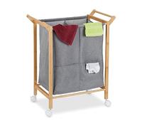Relaxdays Cesto Portabiancheria, 2 Scomparti 80 l, Sacco Biancheria, Cesta su Ruote, 76x65x35cm, bambù, Naturale Grigio