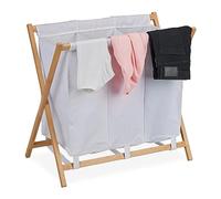 Relaxdays Cesto Portabiancheria, 3 Scomparti da 38 L ciascuno, Raccoglitore Pieghevole, 71 x 74 x 42 cm, Bianco Marrone, Poliestere
