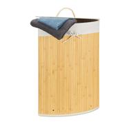 Relaxdays Cesta Porta-Biancheria Angolare in Bambù, 60 l, Pieghevole, con Coperchio, Sacco, 65,5x49,5x37 cm, Crema