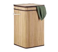 Relaxdays Cesto Portabiancheria Bambù, Pieghevole, con Manici e Coperchio, Sacco, 70 L, HxØ: 63x36 cm, Marrone Chiaro