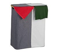 Relaxdays Cesto Portabiancheria con Coperchio, 110 L, con 2 Scomparti, in bambù e Poliestere Sacco a Rete, Grigio Bianco