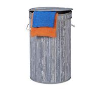 Relaxdays Cesto Portabiancheria in Bambù, Cesta Rotonda Pieghevole, con Coperchio, 65 litri, Diametro 40 cm, Grigio