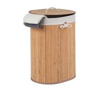 Relaxdays Cesto Portabiancheria in bambù, Ovale, 46 l, Pieghevole, Cesta con Coperchio, Bagno 55x42x32 cm, Naturale, Poliestere, 1 pz