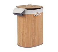Relaxdays Cesto Portabiancheria in bambù, Ovale, 46 l, Pieghevole, Cesta con Coperchio, Bagno 55x42x32 cm, Naturale, Poliestere, 1 pz