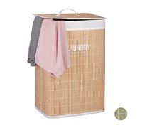 Relaxdays Cesto Portabiancheria in bambù, Rettangolare, Pieghevole, con Coperchio, con Scritta Laundry, HxLxP: 60 x 40 x 30 cm, Legno Naturale