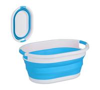 Relaxdays Cesto Portabiancheria Pieghevole, 24 Litri, Contenitore Salvaspazio in Plastica con Impugnature, Blu Bianco