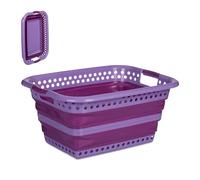 Relaxdays Cesto Portabiancheria Pieghevole, 35 Litri, Bacinella Salvaspazio in Plastica con Impugnature, Viola Fucsia