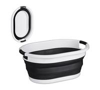 Relaxdays Cesto Portabiancheria Pieghevole, 36 Litri, Contenitore Salvaspazio in Plastica con Impugnature, Nero Bianco