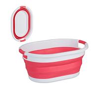 Relaxdays Cesto Portabiancheria Pieghevole, 36 Litri, Contenitore Salvaspazio in Plastica con Impugnature, Rosa Bianco