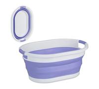 Relaxdays Cesto Portabiancheria Pieghevole, 36 Litri, Contenitore Salvaspazio in Plastica con Impugnature, Viola Bianco