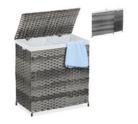 Relaxdays Cesto Portabiancheria Pieghevole con Coperchio e 2 Scomparti, 110 L, HLP: 60x58x34 cm, Rattan, Grigio Beige
