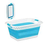 Relaxdays Cesto Portabiancheria Pieghevole con Manici, Plastica e Silicone, Salvaspazio, HLP 27x61x45,5 cm, Blu Petrolio