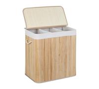 Relaxdays Cesto Portabiancheria Rettangolare, Coperchio, 3 Scomparti Porta Biancheria, 62x62,5x42,5 cm, bambù, Naturale