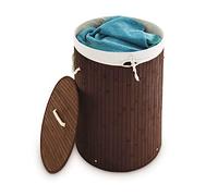 Relaxdays Cesto Portabiancheria, Rotondo, Pieghevole, 70 L di Volume, Coperchio e Sacco di Cotone, Ø 41 cm, Marrone