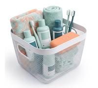 Relaxdays Cesto portaoggetti, Altezza 17 x 24 x 24,5 cm, in Metallo, Maniglie, Bagno, cameretta dei Bambini, Soggiorno, Cestino per Utensili, Bianco
