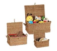 Relaxdays Cesto Portaoggetti in Giacinto d'Acqua, Set da 3 Cesti da Bagno con Coperchio, Tre Misure, Organizer, Naturale, Fibra vegetale