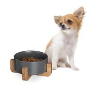 Relaxdays Ciotola Rialzata per Cani, Alzatina in bambù con Scodella in Ceramica Cibo o Acqua, 850 ml, 9x20x20 cm, Grigio