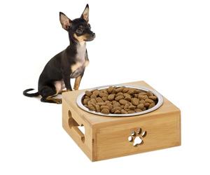 Relaxdays Ciotola Rialzata per Cani, Scodella Cibo, da 400 ml, in Acciaio, HLP 6x14,5x14,5 cm, Bambù, Naturale Argentato