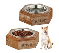 Relaxdays Ciotole Cani, Alzatina Scodelle 1 L, Supporto Rialzato Legno, 7,5x23,5x21 cm, Naturale Argento, Acciaio Inox