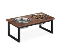 Relaxdays Ciotole Cani Rialzate, 2 Scodelle in Acciaio, 1000 ml, Porta Cibo per Animali, Legno di Mango, Color Naturale