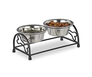 Relaxdays Ciotole per Cani Rialzate, Accessori Animali, 2 Scodelle Porta Crocchette da 300 ml Ognuna, Nero Argento
