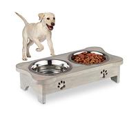Relaxdays Ciotole Rialzate per Cani, 2 Scodelle in Acciaio Inox da 750 ml, Animali Domestici, Supporto in Legno, Grigio