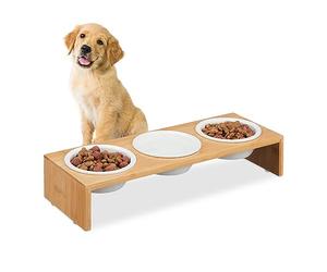 Relaxdays Ciotole Rialzate per Cani, Alzatina 3 Scodelle 400 ml in Ceramica, Supporto Rialzato, bambù, Naturale Bianco