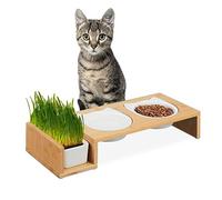 Relaxdays Ciotole Rialzate per Gatti, Alzata 2 Ciotoline 400 ml in Ceramica, Scodella Erba Gatta, bambù, Naturale Bianco, 8,5 x 47,5 x 19 cm
