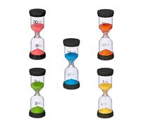 Relaxdays Clessidra per Bambini, Set 5 Timer Cucina 1, 5, 10, 15, 30 Minuti, 16 x 5,5 cm Orologio per Bambini, Colorato