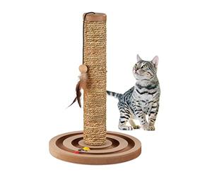 Relaxdays Colonna Tiragraffi per Gatti, Albero Tira Graffi, Palo Graffiatoio, Corda e Palline da Gioco, HxD: 45 x 30 cm, Marrone, Fibra di Legno