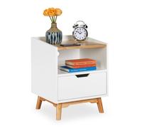Relaxdays Comodino scandinavo con gambe in legno, cassetto e scomparto aperto 50x43x40cm Bianco