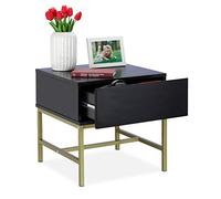 relaxdays Comodino Camera da Letto, Tavolino Quadrato con Cassetto, in Legno, Gambe in Acciaio Dorato, 50x50x50 cm, Nero