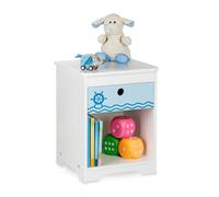 Relaxdays Comodino da Letto per Bambini, Design Mare, Cassetto e Scomparto, HLP 41x32x31 cm, Cameretta Bimbi, Bianco Blu, Fibra di Legno