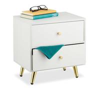 Relaxdays Comodino da Notte con 2 Cassetti, Tavolino Basso Laterale Camera da Letto, HLP: 41,5x40x32,5 cm, Bianco Oro