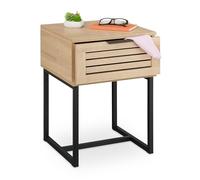Relaxdays Comodino da Notte con Cassetto, Tavolino Laterale Camera da Letto, 55,5x40x41,5 cm, PB e Ferro, Nero Naturale, Fibra di Legno