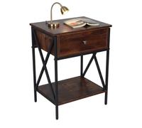 Relaxdays Comodino in Stile Industriale con cassetto, ripiano, Effetto Legno, Metallo, Marrone/Nero 55x40x30 cm