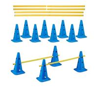 Relaxdays Coni da Allenamento Ostacoli, Set di Accessori Sport, 12 Birilli da Calcio e 6 Aste da Agility Dog, Blu Giallo