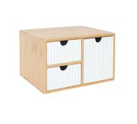 Relaxdays Contenitore, bambù e MDF, 3 cassetti, H 15 x L 25 x P 20 cm, Organizer scrivania, Bianco/Naturale, Fibra di Legno, 15 x 25 x 20 cm