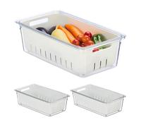 Relaxdays Contenitori per Frigo con Coperchio, Set da 3, Impilabili, Cestelli Scola Verdure, Box Alimenti, Trasparente, Plastica, 10 x 32 x 17,5 cm