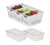 Relaxdays Contenitori per Frigo con Coperchio, Set da 3, Trasparente | Impilabili, 3 Cestelli Scola Verdure, Box Alimenti