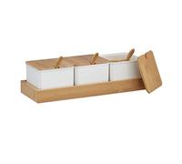 Relaxdays Contenitori per Spezie in Set da 3, Barattoli in Plastica con Coperchio, Cucchiaini e Vassoio in Bambù, Bianco