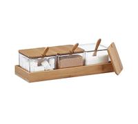 Relaxdays Contenitori per Spezie, Set da 3, Barattoli in Plastica, Coperchio, Cucchiaini e Vassoio in bambù, Trasparente