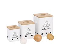 Relaxdays Contenitori Porta Patate Cipolle e Aglio, Set 3 Barattoli da Cucina, Coperchio e Fori, Ferro e bambù, Bianco, Silicone