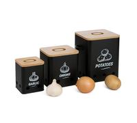 Relaxdays Contenitori Porta Patate Cipolle e Aglio, Set da 3 Barattoli da Cucina, Coperchio e Fori, Ferro e bambù, Nero, Silicone