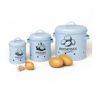 Relaxdays Contenitori Porta Patate Cipolle e Aglio, Set da 3 Barattoli da Cucina, Coperchio e Fori, Metallo, V. Colori, Acciaio, Ferro