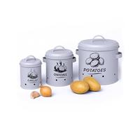 Relaxdays Contenitori Porta Patate Cipolle e Aglio, Set da 3 Barattoli da Cucina, Coperchio e Fori, Metallo, Grigio